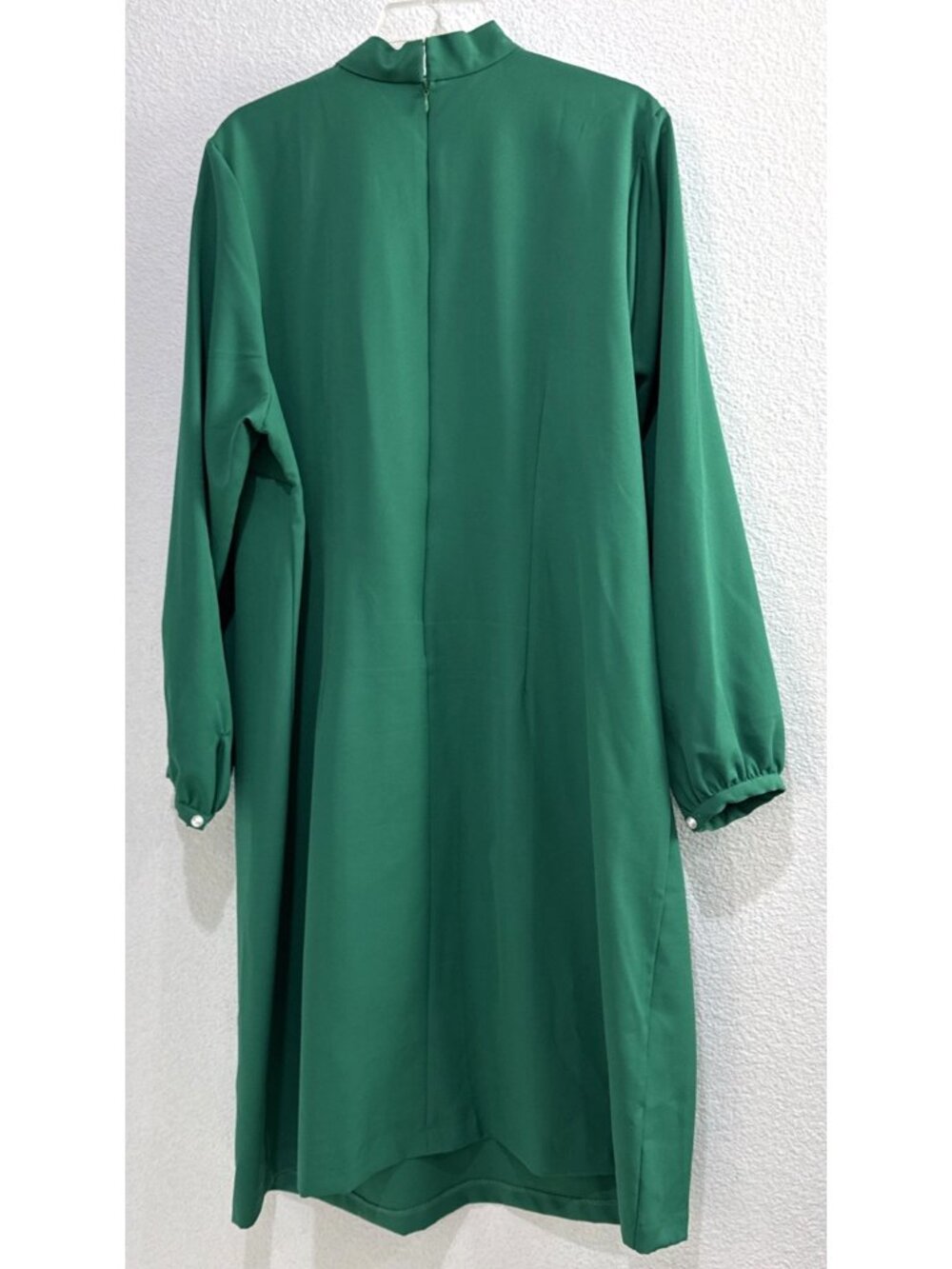 Elloquii Green Tie Neck Workwear Career Knee Length Pearl Button Sleeve Dress - Picture 4 of 7